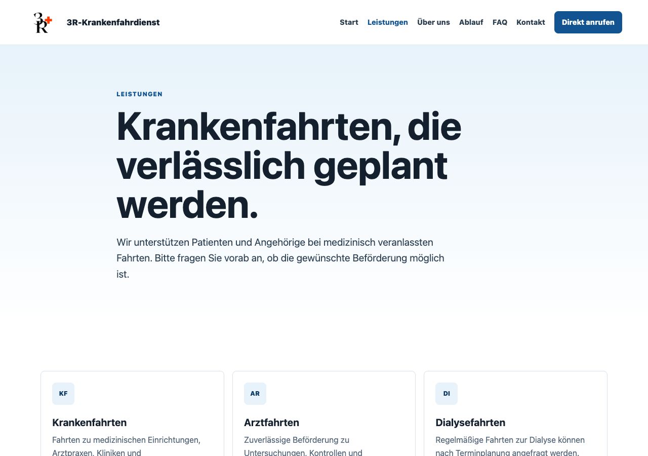 Screenshot der Leistungsseite von 3R-Krankenfahrdienst