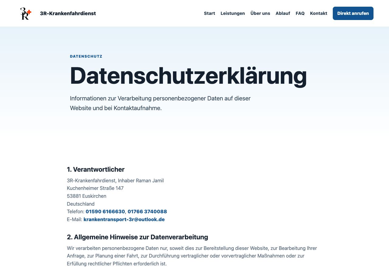Screenshot der rechtlichen Seite von 3R-Krankenfahrdienst