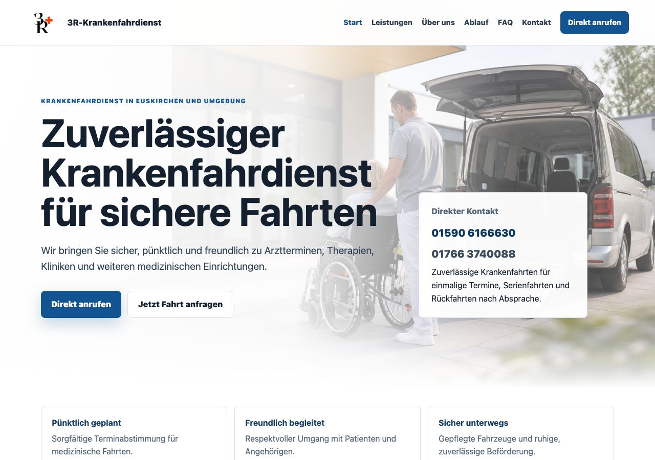 Screenshot der Startseite von 3R-Krankenfahrdienst